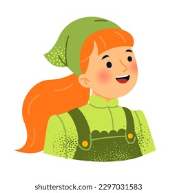 Cute girl in scarf. Friendly child in green sundress and jumpsuit. Kid with red hair. Avatar of little young student telling story. Cartoon flat vector illustration isolated on white background