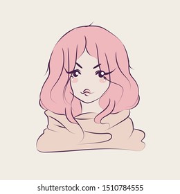 Cute Girl in a Scarf with Pink Hair Vector Character Design Illustration, Autumn