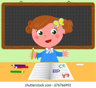 Cute girl at school desk with black board. There i??s empty space for your text in the board. Cartoon vector illustration