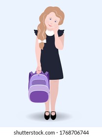 Cute girl in a school uniform with a backpack. Vector illustration of a schoolgirl. Back to school