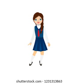 Cute girl in school uniform, vector icon for  invitation, card, banner, interior design. Vector isolated cartoon illustration.