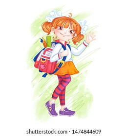 Cute girl schoolgirl with a briefcase. Briefcase with school supplies. Vector cartoon character back to school. Background with watercolor texture.