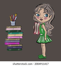 A cute girl, a schoolgirl, prepares for exams, reads books. Library, school, education. Student at the bookcase. Isolated vector objects.