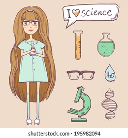 Cute  girl with science  items. Vector set 