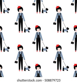 Cute girl with scottish terrier seamless pattern on white background. Vector illustration of girl with dog. Fashion design for textile, wallpaper, fabric etc.