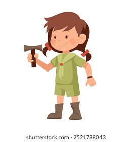 Nette Pfadfinderin im flachen Design. Teenager in Uniform auf Sommercamping. Vektorgrafik einzeln.