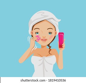 Cute girl is Scrub on the face her skin, Skin care nourishing and caring. Teenage cartoon set of skin treatment. Vector illustrations isolated on a blue background.