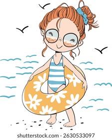 Cute girl at sea with a lifebuoy.