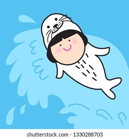 Cute Girl In Seal Outfit Enjoyed Catching A Wave Concept Card Character illustration