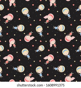 Cute Girl seamless pattern in the black backdrop. Creative pattern texture for fabric, wrapping, textile, wallpaper, apparel.