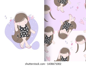 cute girl seamless pattern illustration for kid-vector