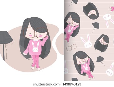 cute girl seamless pattern illustration for kid-vector