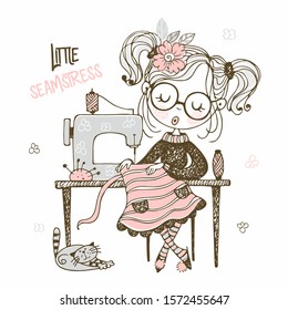 Cute girl seamstress sews on a sewing machine dress. Doodle style. Vector.