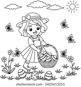 Cute girl searching for Easter eggs in a garden coloring page