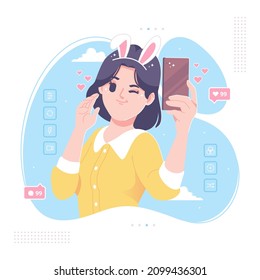 cute girl selfie with camera filter effect illustration