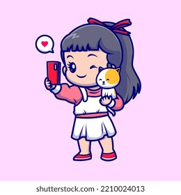 Cute Girl Selfie with Cat Cartoon Vector Icon Illustration. People Animal Icon Concept Isolated Premium Vector. Flat Cartoon Style