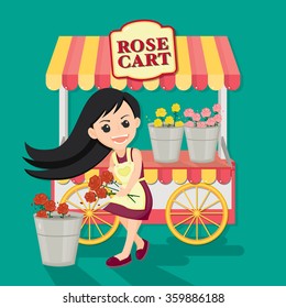 Cute girl sell colorful of rose from rose cart. Character design.