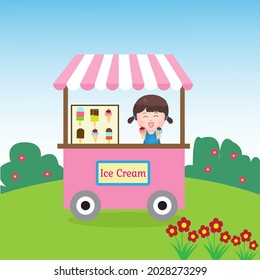 Cute Girl Sell Ice Cream on Cart Shop Cartoon Illustration
