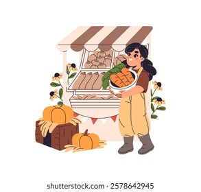 Cute girl sells vegetables, farm food on local market. Kid seller carries carrot to stall, counter for sale. Baby farmer is vendor of harvest on fair. Flat isolated vector illustration on white
