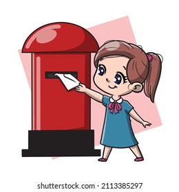 Cute Girl Send Mail Cartoon Vector Illustration