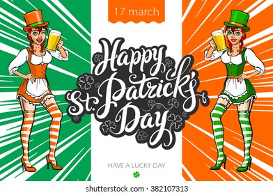 Cute girl serving Saint Patrick's Day beer - vector banner art