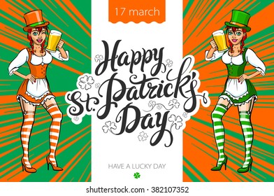 Cute girl serving Saint Patrick's Day beer - vector banner art
