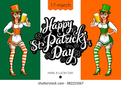 Cute girl serving Saint Patrick's Day Typographic, lettering, clover, leaf, leafed, irish, beer - vector banner art