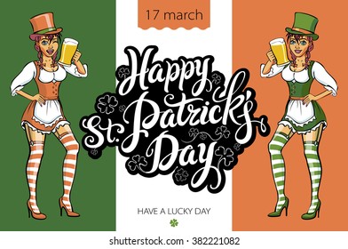 Cute girl serving Saint Patrick's Day beer - vector banner art