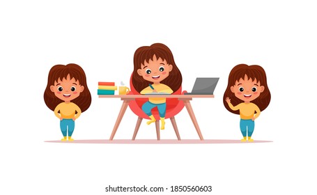 Cute girl set with different gestures and poses isolated on white background. Girl study at the table at home. Smiling young girl waving her hand in greeting or goodbye. Cartoon vector illustration