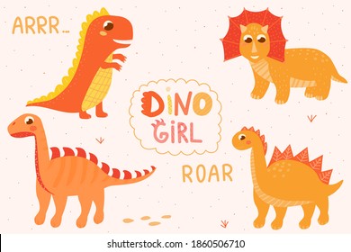 Cute girl set of dinosaur for baby shower , scandinavian style lettering, baby character for chidren books, adorable dino for textile or print