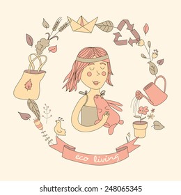 Cute girl and set of eco elements. Healthy lifestyle. Pastelle colored.
