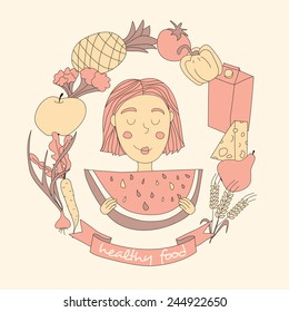 Cute girl and set of fresh food. Healthy lifestyle. Pastel colored.