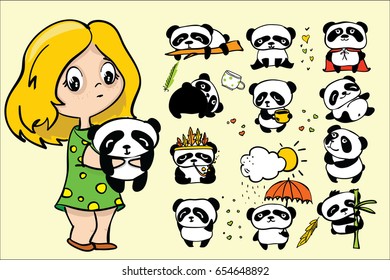 Cute girl and set of funny doodle pandas. Perfect for kids cards, posters and prints.