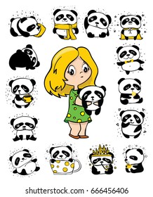 Cute girl and set of funny doodle pandas. Perfect for kids cards, posters and prints.