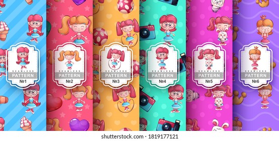 Cute girl - set seamless pattern. Vector eps 10