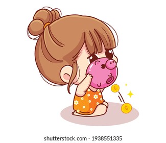 Cute girl shaking piggy bank full of money, kids savings and finance cartoon illustration