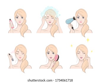 Cute girl is shaping her hair. Set of hair treatment procedure.Vector illustration of woman doing hair care