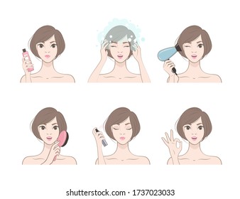 Cute girl is shaping her hair. Set of hair treatment procedure.Vector illustration of woman doing hair care