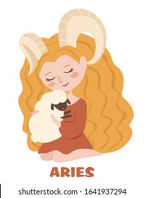 Cute girl with a sheep. Aries zodiac sign concept for horoscope. Beautiful vector illustration. 