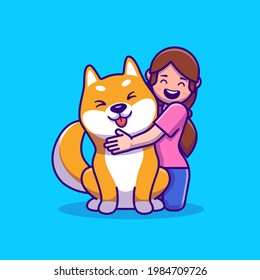 Cute Girl With Shiba Inu Dog Cartoon Vector Icon Illustration. People Animal Icon Concept Isolated Premium Vector. Flat Cartoon Style