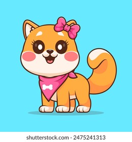 Cute Girl Shiba Inu Dog Wearing Hairpin Cartoon Vector Icon Illustration. Animal Nature Icon Concept Isolated Premium Vector. Flat Cartoon Style