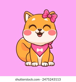 Cute Girl Shiba Inu Dog Wearing Hairpin Cartoon Vector Icon Illustration. Animal Nature Icon Concept Isolated Premium Vector. Flat Cartoon Style