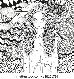 Cute girl in a shirt and bird. Coloring book page for adult. Black and white abstract fantasy picture. Mountains, sun. Doodle, zentangle style.