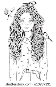 Cute girl in a shirt. The birds are flying. Coloring book page for adult. Black and white. Doodle, zentangle style.