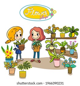 cute girl shop assistant stands customer they choosing plants, flowers pots in garden shop for cultivating home garden. Florist working and checkout. hand drawn cartoon illustration.