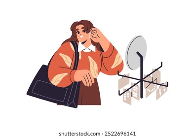 Cute girl shopping accessories on sale in store. Customer chooses stylish jewellery. Young woman tries fashion earrings front of mirror to buy. Flat isolated vector illustration on white background