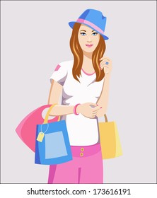 Cute girl at the shopping with bags in the hat
