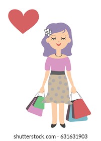 Cute girl with shopping or gift bags with big red heart
