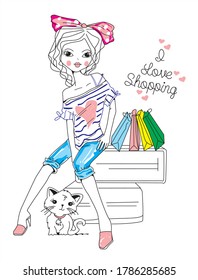 Cute Girl Shopping with Kitty Vector Illustration