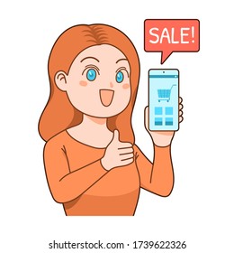 Cute girl shopping online with smartphone, mobile phone showing application screen, cartoon vector style
